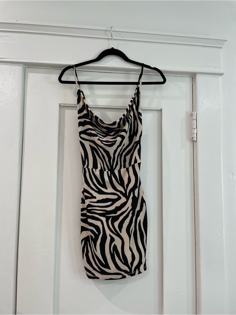bebe Black and Beige Zebra-Print Slip Mini Dress